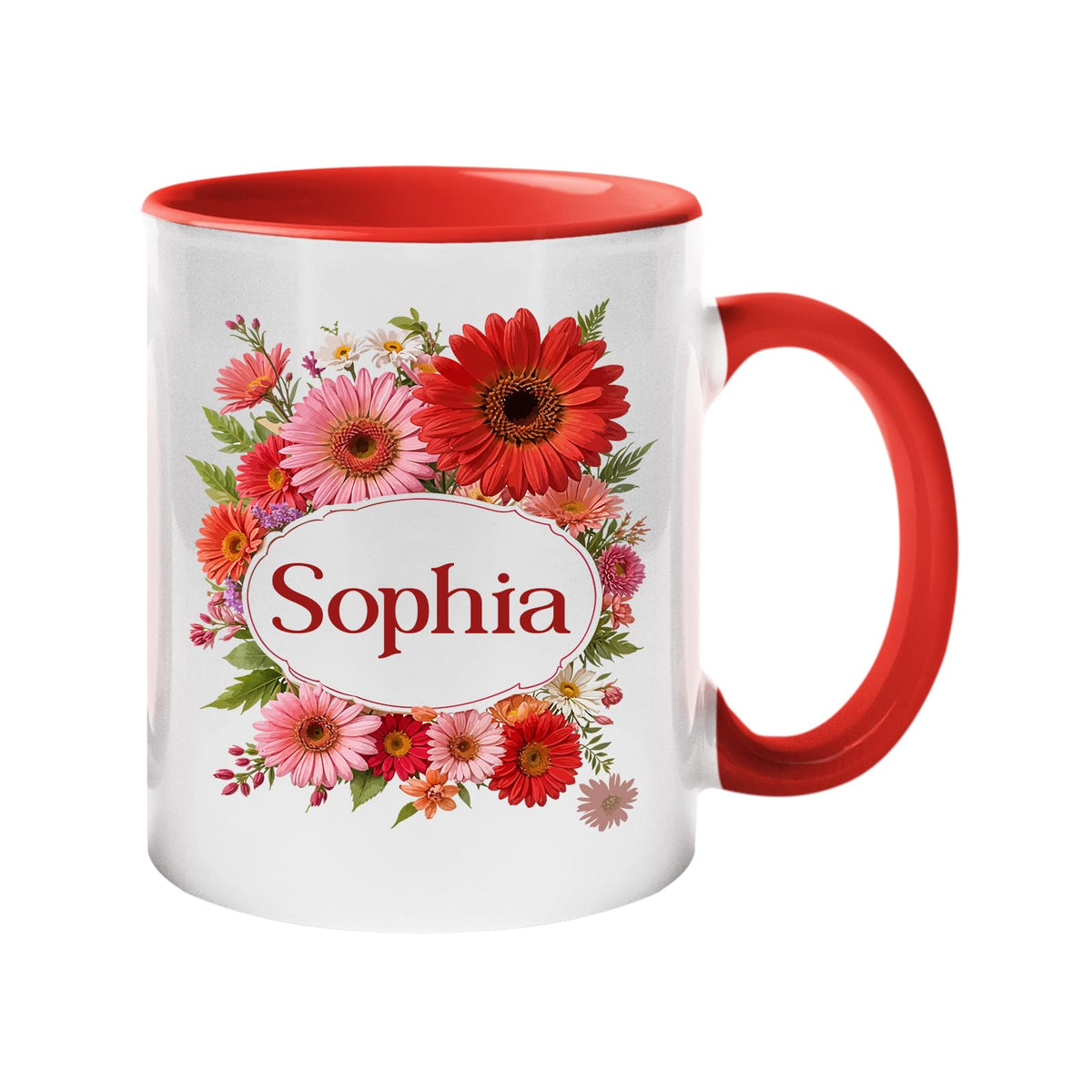 Red handle mug with a red gerbera wreath around an example name