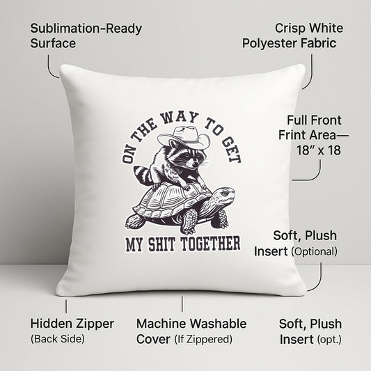 raccoon and tortoise cushion with labels for 18 x 18 inch print area, hidden zip and washable cover