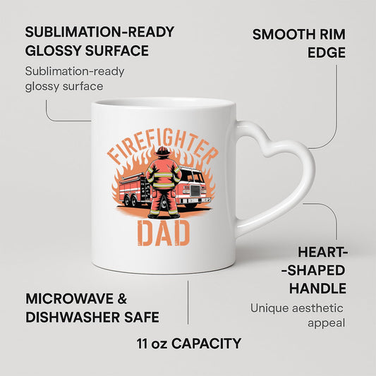 Heart-handle mug with labels for 11oz capacity, glossy surface and heart-shaped handle