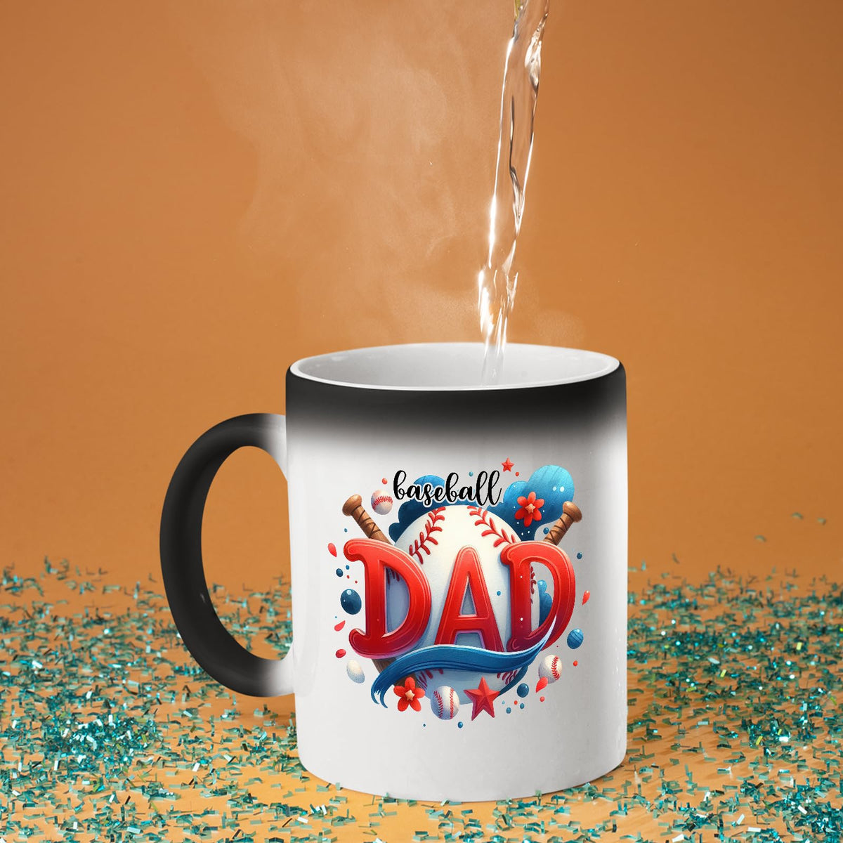 Hot water poured into the Baseball Dad colour changing mug as the design appears