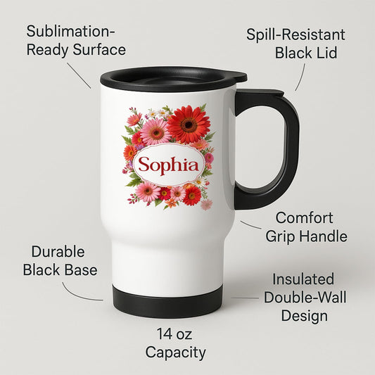 Travel mug with a red gerbera wreath around an example name and feature labels
