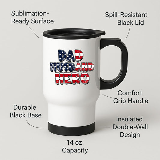 Travel mug with labels for spill-resistant lid, insulated double wall and 14oz capacity
