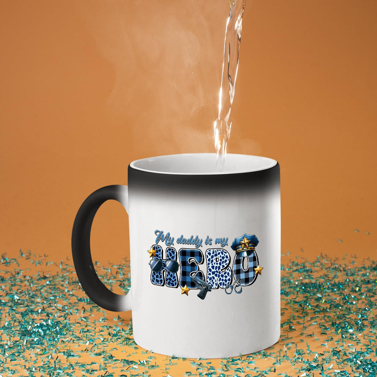 Hot water poured into the My Daddy Is My Hero police colour changing mug as the design appears