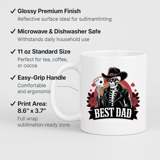 White mug with labels for 11oz size, glossy finish, easy-grip handle and print area