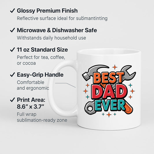 White mug with labels for 11oz size, glossy finish, easy-grip handle and print area