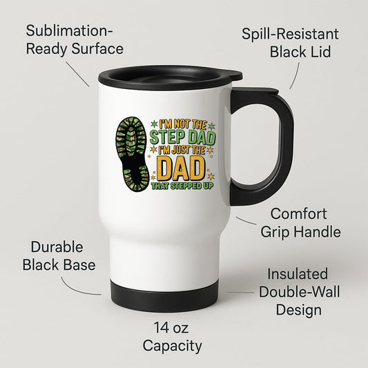 Travel mug with labels for spill-resistant lid, insulated double wall and 14oz capacity