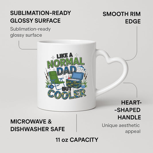 Heart-handle mug with labels for 11oz capacity, glossy surface and heart-shaped handle