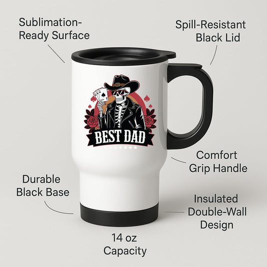 Travel mug with labels for spill-resistant lid, insulated double wall and 14oz capacity