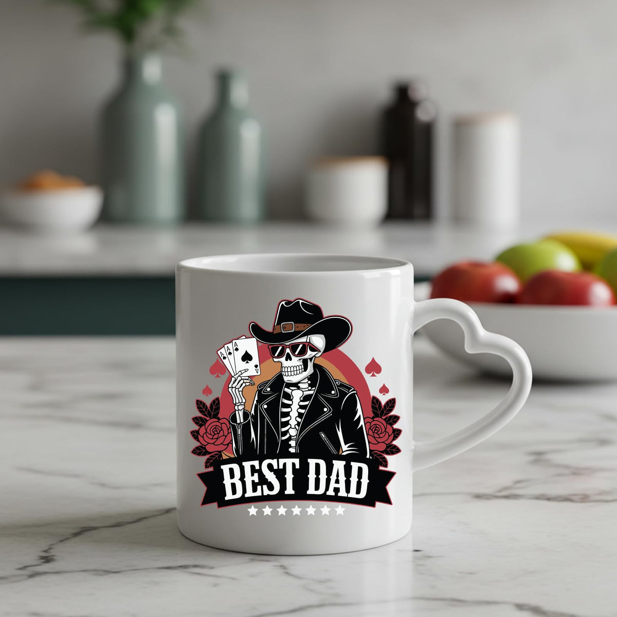 Best Dad skeleton cowboy heart-handle mug on a marble counter with fruit