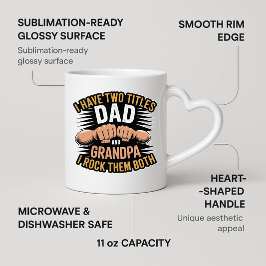 Heart-handle mug with labels for 11oz capacity, glossy surface and heart-shaped handle