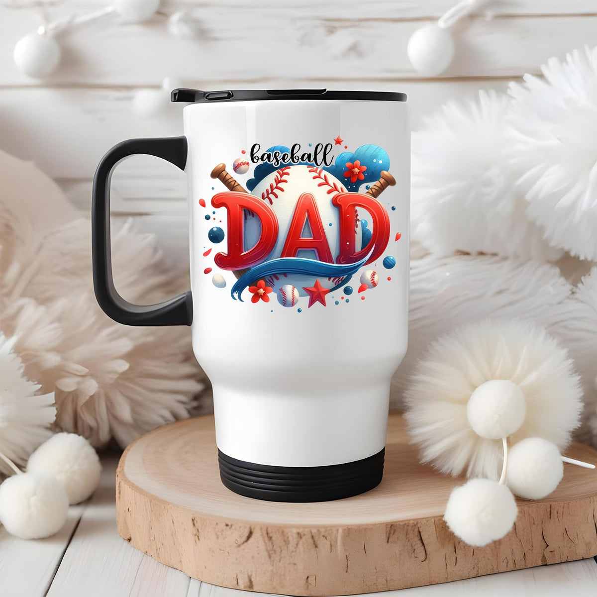 Baseball Dad travel mug on a wooden slice with white pom-poms