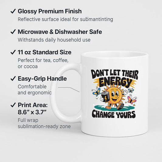 White mug with labels for 11oz size, glossy finish, easy-grip handle and print area