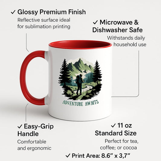 Colour handle mug with labels for 11oz size, glossy finish and easy-grip handle