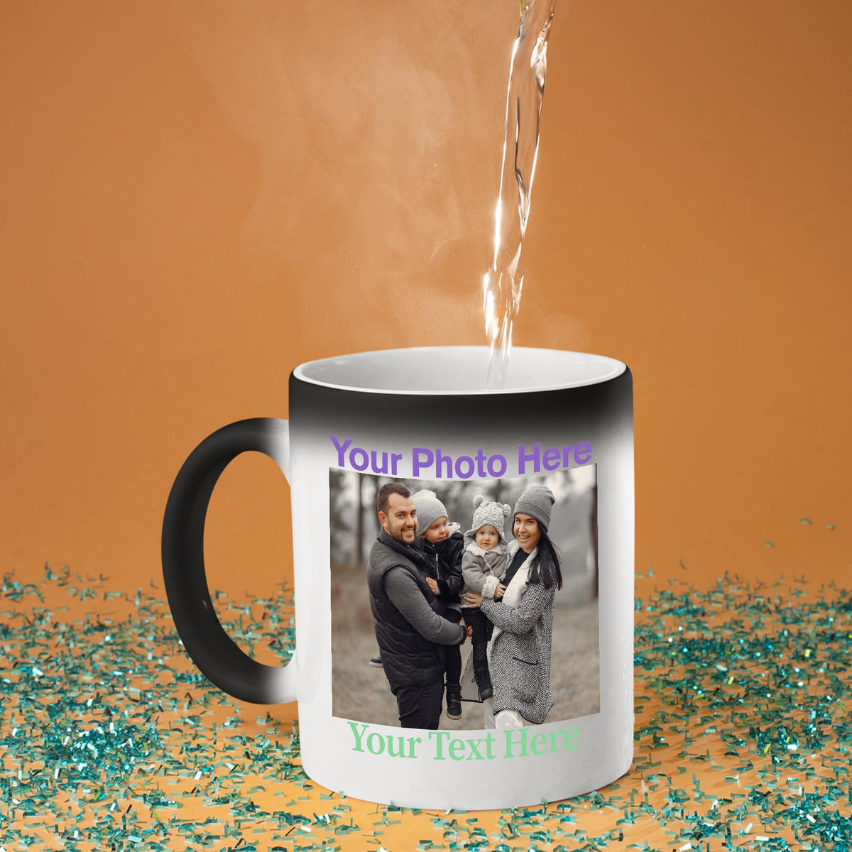 Hot water poured into the colour changing mug as an example family photo and text appears