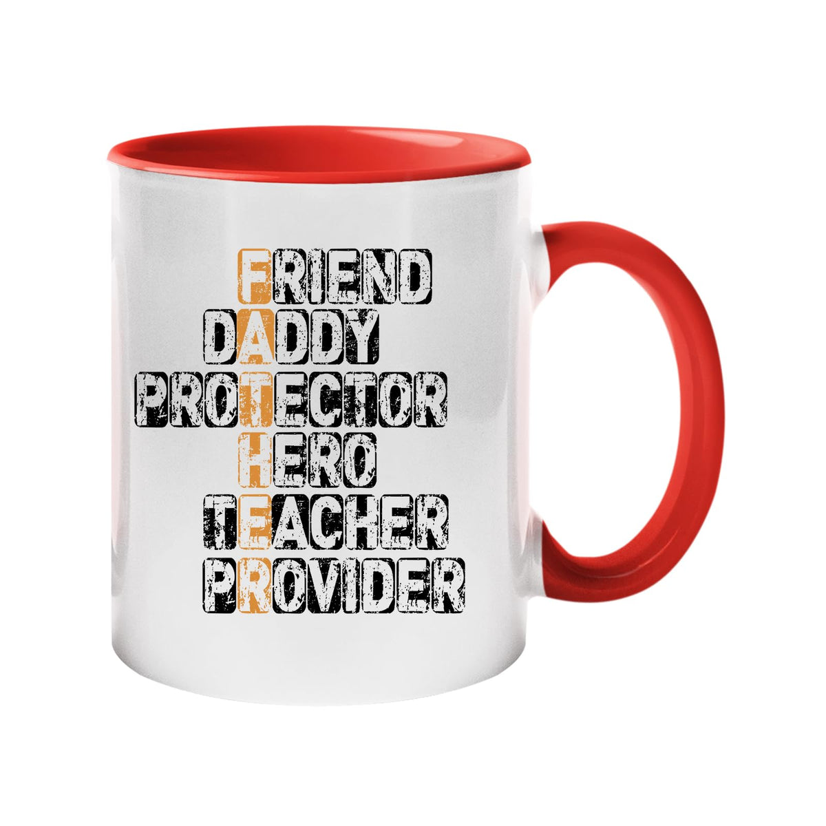 Colour handle mug with a “FATHER” acrostic – friend, daddy, protector, hero, teacher, provider – red handle and inside