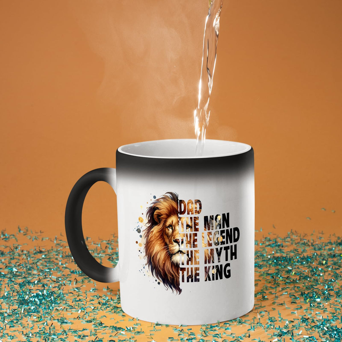 Hot water poured into the Dad the King lion colour changing mug as the design appears