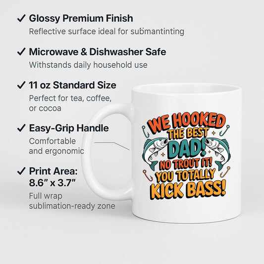 White mug with labels for 11oz size, glossy finish, easy-grip handle and print area