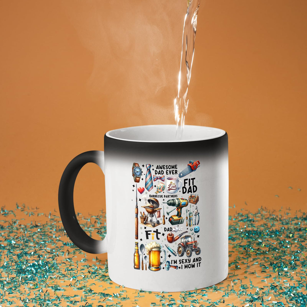 Hot water poured into the Awesome Dad Ever icons colour changing mug as the design appears
