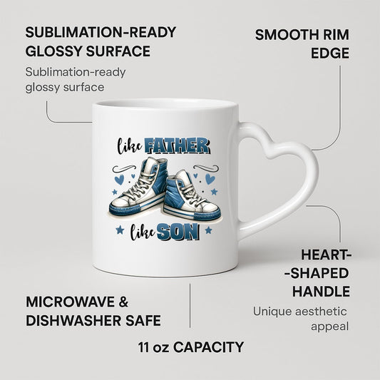 Heart-handle mug with labels for 11oz capacity, glossy surface and heart-shaped handle