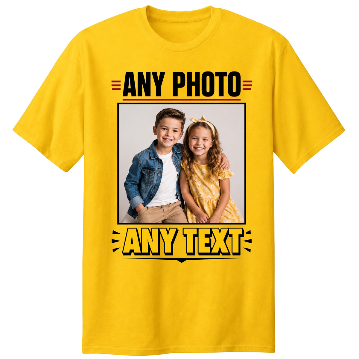 Personalised yellow t-shirt with custom photo and text