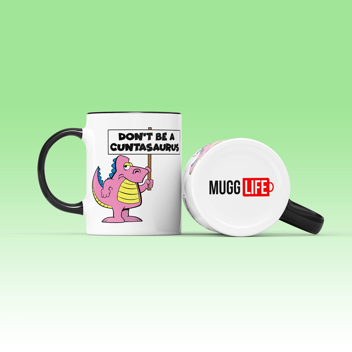 C***asaurus dinosaur mug next to the base of a mug