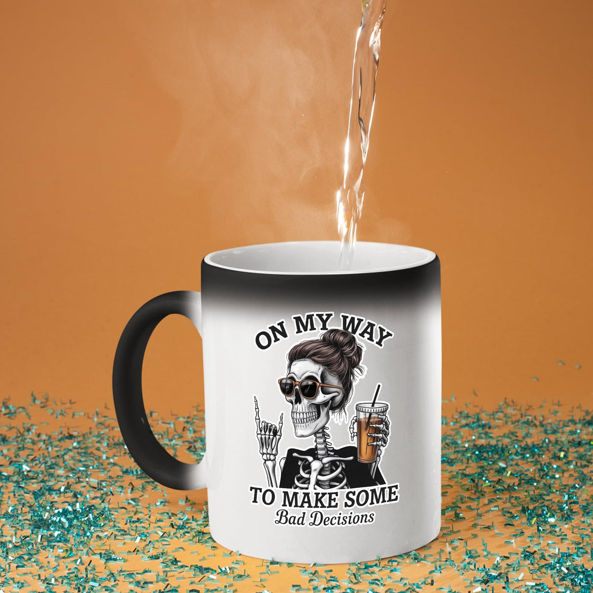 Hot water poured into the Bad Decisions skeleton colour changing mug as the design appears