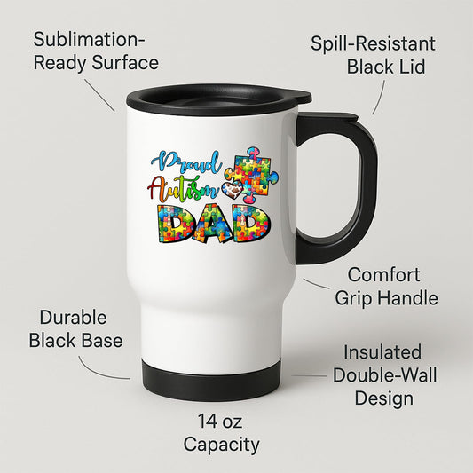 Travel mug with labels for spill-resistant lid, insulated double wall and 14oz capacity