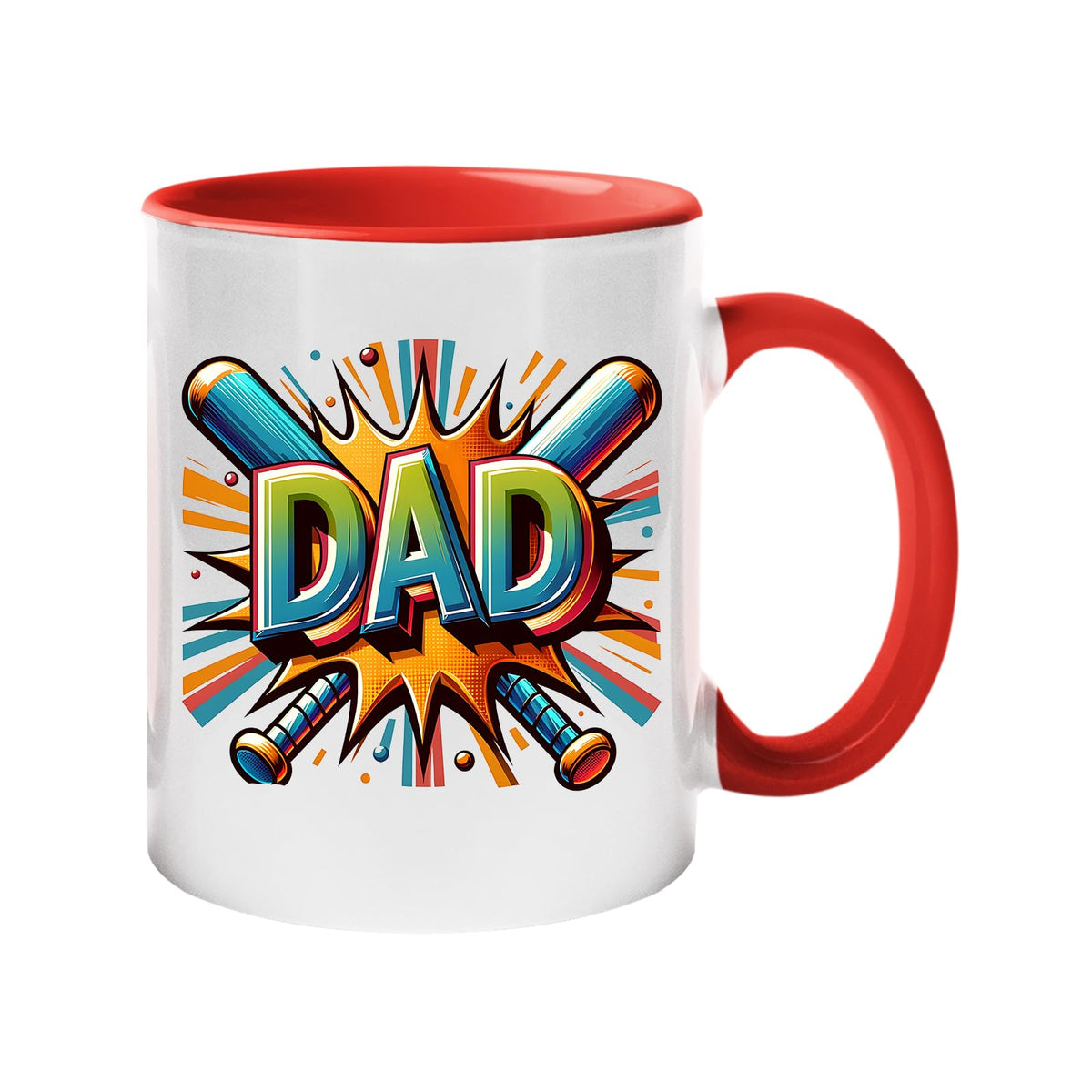 Colour handle mug with a comic-style “DAD” in front of crossed baseball bats – red handle and inside