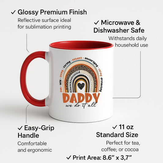 Colour handle mug with labels for 11oz size, glossy finish and easy-grip handle