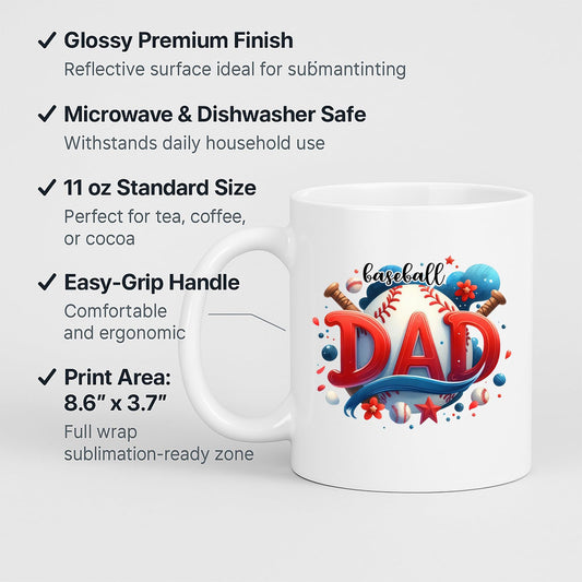 White mug with labels for 11oz size, glossy finish, easy-grip handle and print area