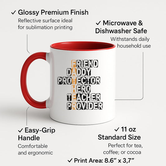 Colour handle mug with labels for 11oz size, glossy finish and easy-grip handle