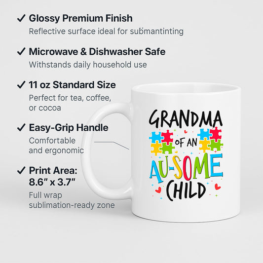 White mug with labels for 11oz size, glossy finish, easy-grip handle and print area