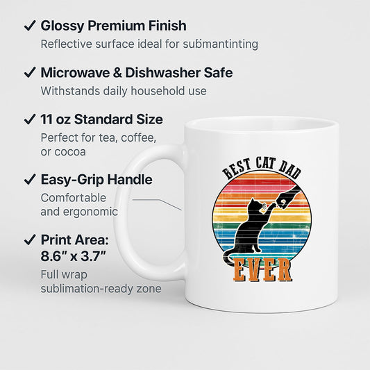 White mug with labels for 11oz size, glossy finish, easy-grip handle and print area