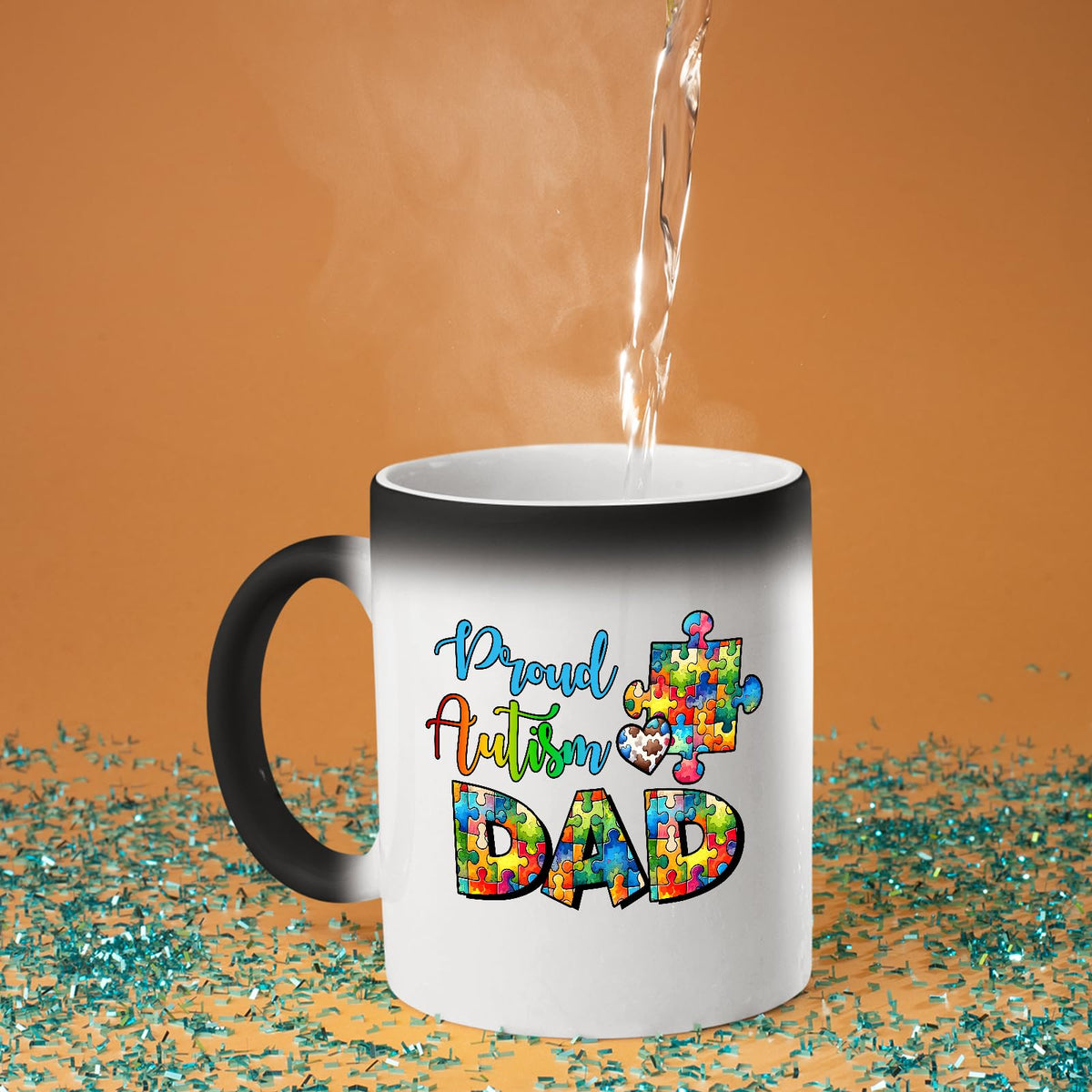Hot water poured into the Proud Autism Dad colour changing mug as the design appears
