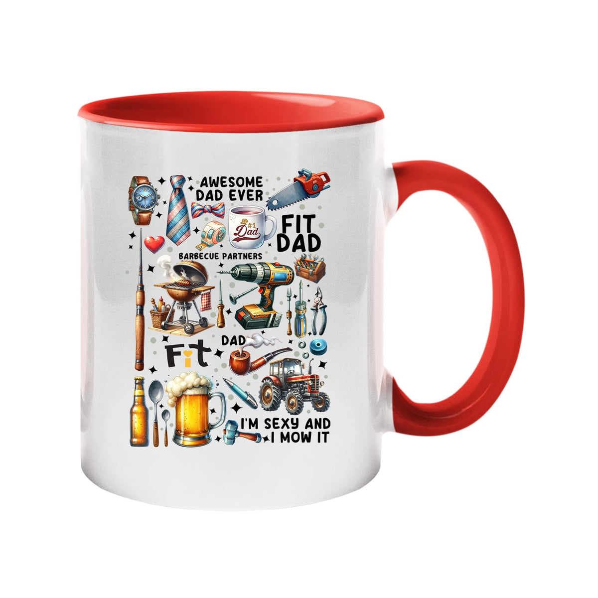 Colour handle mug with a collage of dad favourites – BBQ, tools, beer, a tractor and “Awesome Dad Ever” – red handle and inside