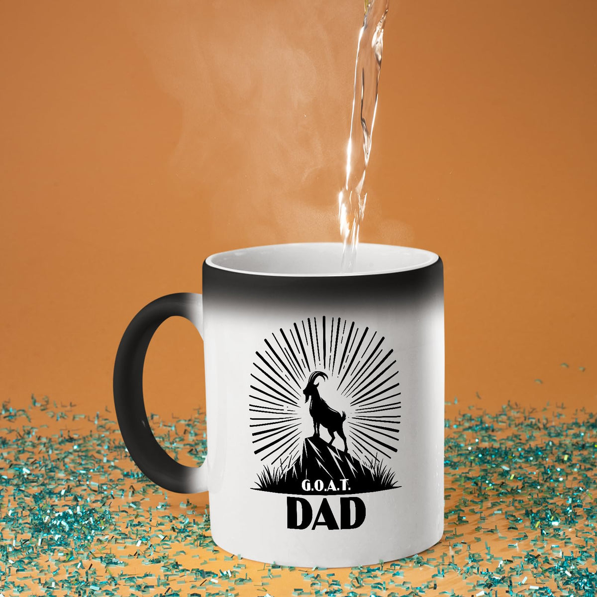 Hot water poured into the GOAT Dad colour changing mug as the design appears