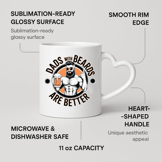Heart-handle mug with labels for 11oz capacity, glossy surface and heart-shaped handle