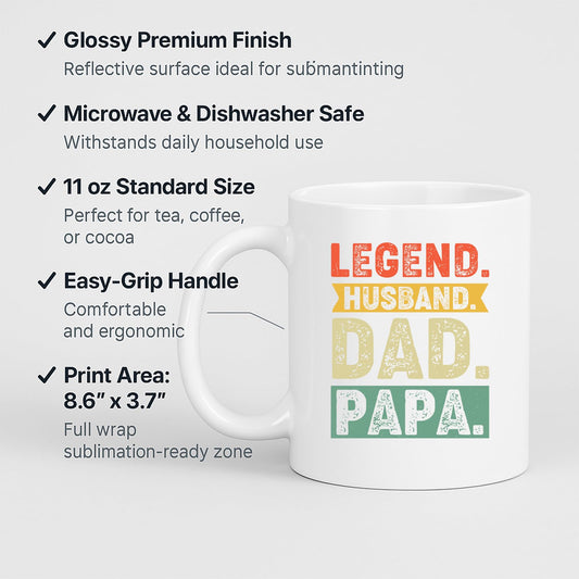 White mug with labels for 11oz size, glossy finish, easy-grip handle and print area