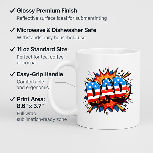White mug with labels for 11oz size, glossy finish, easy-grip handle and print area