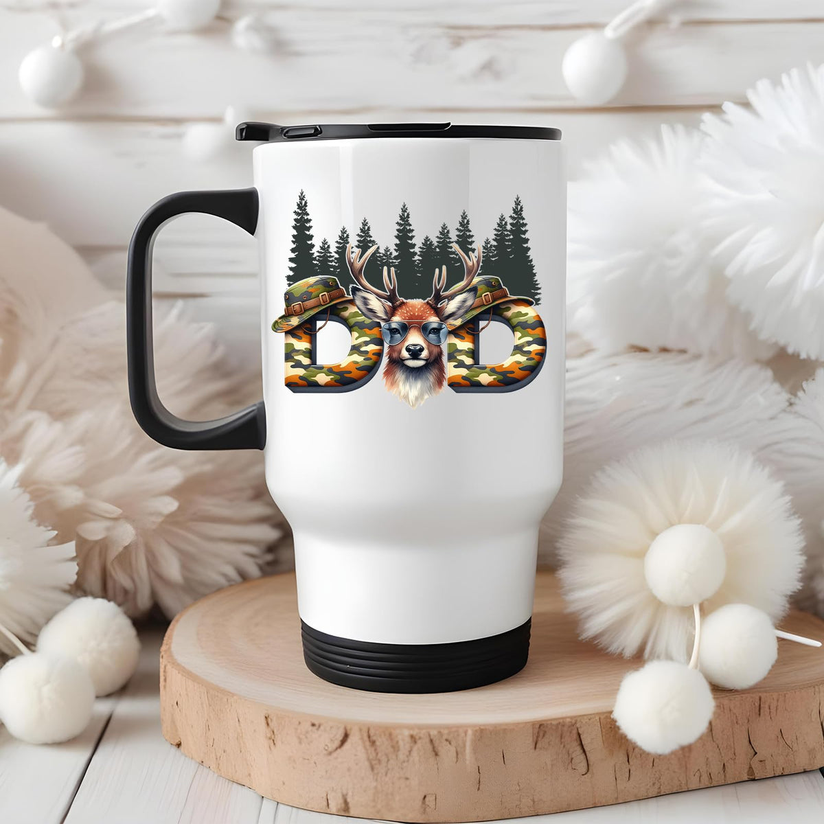 Hunting Dad deer travel mug on a wooden slice with white pom-poms