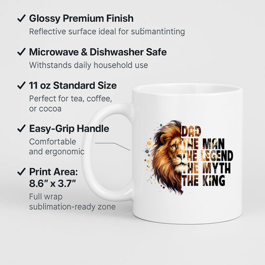 White mug with labels for 11oz size, glossy finish, easy-grip handle and print area