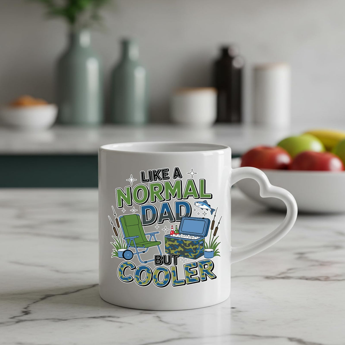 Like a Normal Dad But Cooler heart-handle mug on a marble counter with fruit