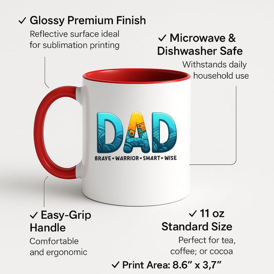Colour handle mug with labels for 11oz size, glossy finish and easy-grip handle