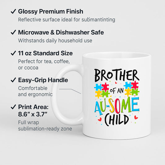 White mug with labels for 11oz size, glossy finish, easy-grip handle and print area
