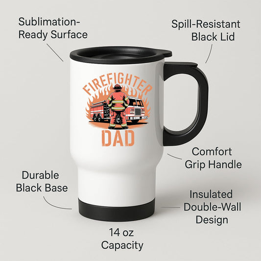 Travel mug with labels for spill-resistant lid, insulated double wall and 14oz capacity
