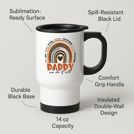 Travel mug with labels for spill-resistant lid, insulated double wall and 14oz capacity
