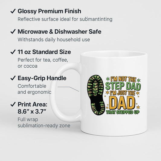 White mug with labels for 11oz size, glossy finish, easy-grip handle and print area