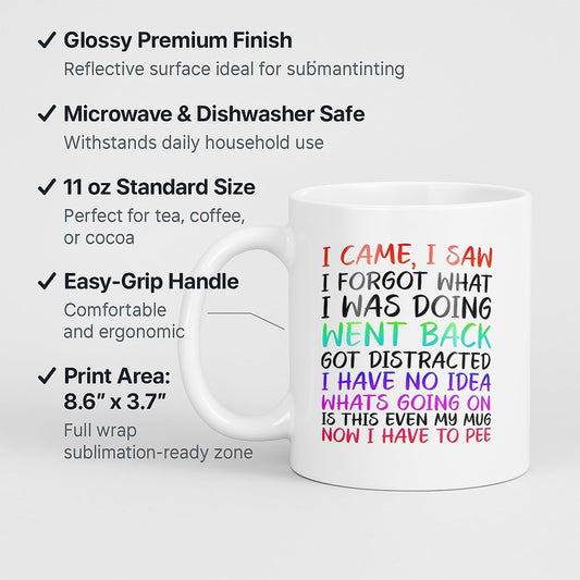 White mug with labels for 11oz size, glossy finish, easy-grip handle and print area