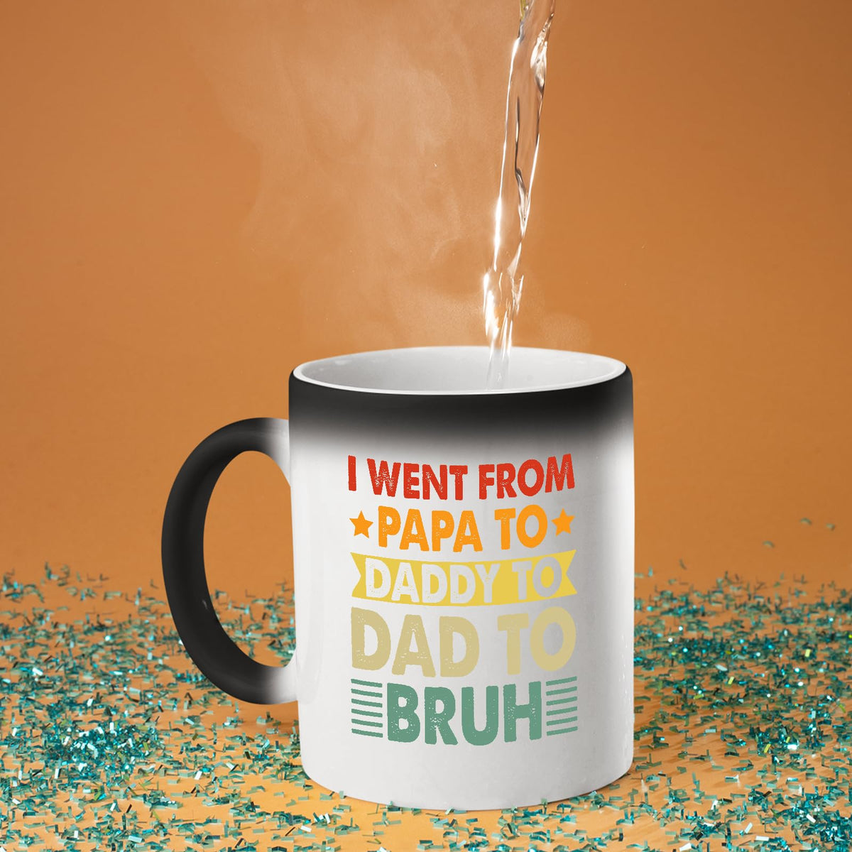 Hot water poured into the Papa to Bruh colour changing mug as the design appears