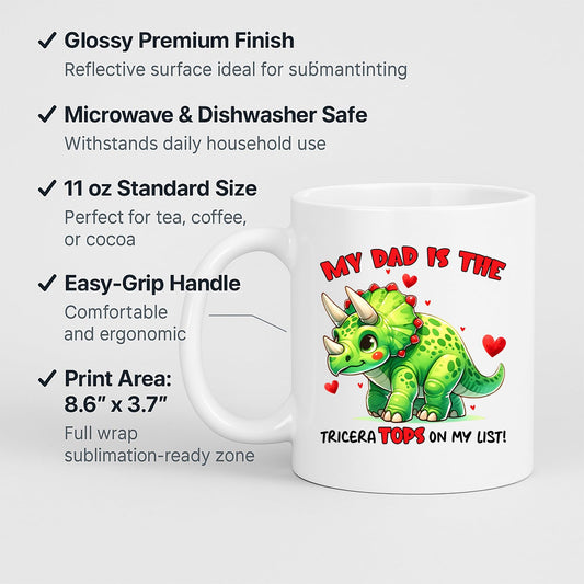 White mug with labels for 11oz size, glossy finish, easy-grip handle and print area